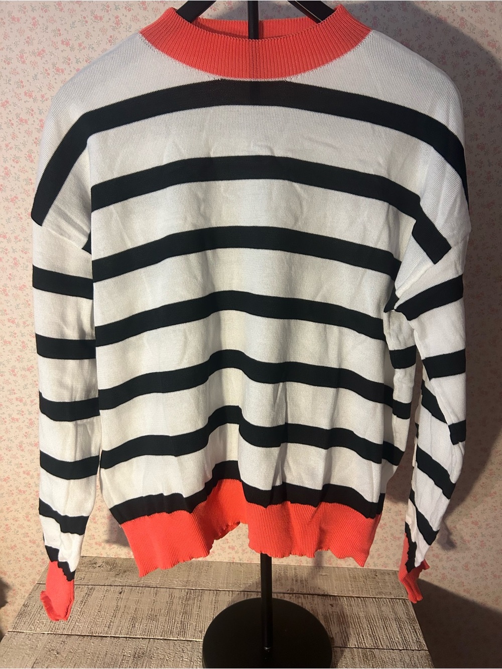 Ralph Lauren White & Black Striped Crewneck Sweater with Coral Trim